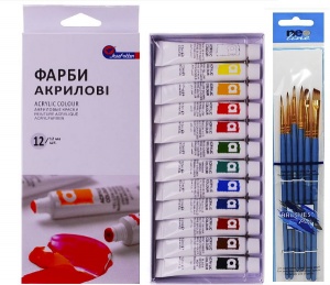 Набір: Акрилові фарби 12 кольор. та пензлики ( 6шт) фото в интернет магазине канц орг