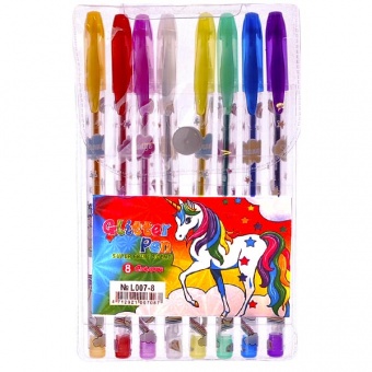 Ручки гелеві (набір) глиттер "Unicorn", 8 кольор.,L007-8 фото в интернет-магазине Канц орг