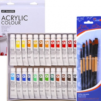 Набір: Акрилові фарби "Art ranger" 24 кольор.*12мл, та пензлики. фото в интернет-магазине Канц орг