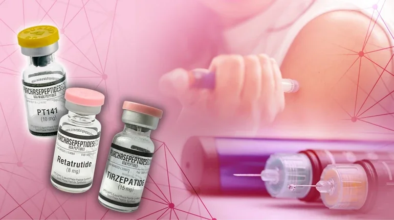 Флакони пептидів Retatrutide, Tirzepatide та PT-141 зі шприцом для інєкцій